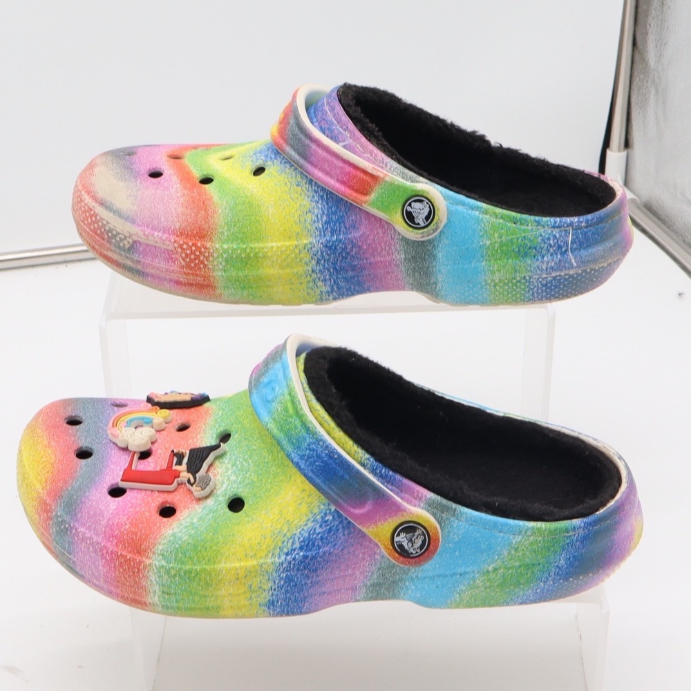 Crocs Clogs Womens 9 Classic Lined Rainbow Spray Paint Multi Faux Fur Excellent